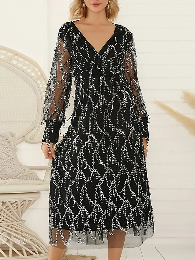Women's Prom Dress Party Dress Fringe Dress Long Dress Maxi Dress Black Beige Long Sleeve Pure Color Sequins Summer Spring V Neck Party 2023 S M L XL 2XL 8 Women's Prom Dress Party Dress Fringe Dress Long Dress Maxi Dress Black Beige Long Sleeve Pure Color Sequins Summer Spring V Neck Party 2023 S M L XL 2XL - Image 8
