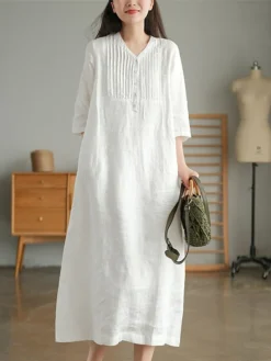 Women's Work Dress Sheath Dress Semi Formal Dress Fashion Midi Dress Button V Neck Half Sleeve Plain Loose Fit White Blue Orange Fall Winter L XL XXL 3XL -Party Prom Dresses Sales Store csitcb1692601431325