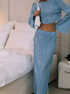 Women's Two Piece Dress Set Casual Dress Skirt Set Outdoor Daily Fashion Streetwear Pleated Midi Dress Crew Neck Long Sleeve Plain Regular Fit Blue Green Rose Red Fall Winter S M L -Party Prom Dresses Sales Store csmhck1693534947457