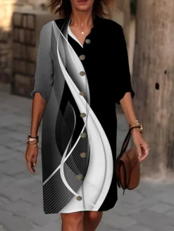 Women's Shirt Dress Casual Dress Cotton Linen Dress Midi Dress Polyester Fashion Casual Daily Outdoor Daily Vacation Shirt Collar Button Print Long Sleeve Summer Spring Fall 2023 Loose Fit Black -Party Prom Dresses Sales Store csnnoo1691650322561