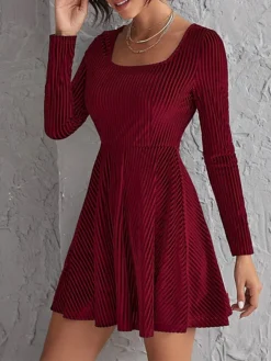 Women's Party Dress Velvet Dress Cocktail Dress Mini Dress Wine Long Sleeve Pure Color Ruched Spring Fall Winter Square Neck Fashion Winter Dress Wedding Guest Vacation 2023 S M L XL -Party Prom Dresses Sales Store csttnm1692167733641