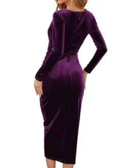 Women's Cocktail Party Dress Green Velvet Dress Black Dress Wedding Guest Dress Bodycon Midi Dress Purple Wine Dark Long Sleeve Pure Color Ruched Split V Neck -Party Prom Dresses Sales Store cszyhv1665293391682