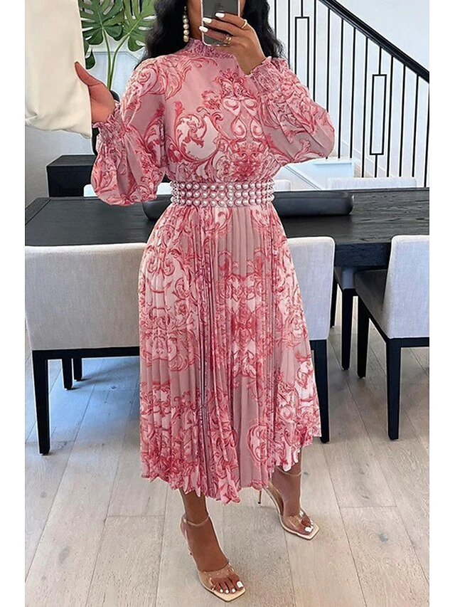 Women's A Line Dress Midi Dress Yellow Pink Green Long Sleeve Geometric Pleated Fall Winter Autumn High Neck Winter Dress Fall Dress 2023 S M L XL 4 Women's A Line Dress Midi Dress Yellow Pink Green Long Sleeve Geometric Pleated Fall Winter Autumn High Neck Winter Dress Fall Dress 2023 S M L XL - Image 4