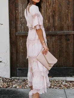 Women's Party Dress Lace Dress White Dress Midi Dress Black Pink White Half Sleeve Pure Color Lace Spring Summer V Neck S M L XL XXL -Party Prom Dresses Sales Store ctmwpb1630555191910