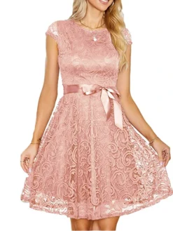 Women‘s Christmas Party Dress Lace Dress Cocktail Dress Midi Dress Pink Wine Navy Blue Short Sleeve Pure Color Lace Spring Fall Winter V Neck Fashion Winter Dress Wedding Guest Vacation 2023 -Party Prom Dresses Sales Store ctvvhn1692179195272