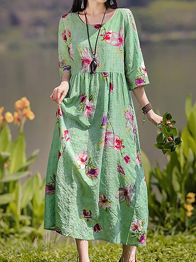 Women's Casual Dress Cotton Linen Dress Swing Dress Midi Dress Linen / Cotton Blend Sweet Style Modern Outdoor Daily Holiday Crew Neck Print 3/4 Length Sleeve Fall Winter Autumn 2023 Loose Fit Yellow 6 Women's Casual Dress Cotton Linen Dress Swing Dress Midi Dress Linen / Cotton Blend Sweet Style Modern Outdoor Daily Holiday Crew Neck Print 3/4 Length Sleeve Fall Winter Autumn 2023 Loose Fit Yellow - Image 6