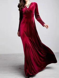 Women‘s Party Dress Wedding Guest Dress Velvet Dress Long Dress Maxi Dress Black Wine Royal Blue Long Sleeve Pure Color Ruched Fall Spring V Neck Fashion Party Winter Dress Evening Party 2023 S M L XL