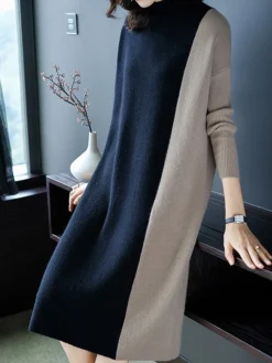 Women's Work Dress Casual Dress Shift Dress Fashion Winter Dress Daily Midi Dress Patchwork Stand Collar Long Sleeve Color Block Regular Fit Black Red Fall Winter M L XL XXL 3XL -Party Prom Dresses Sales Store cuwftq1697099107484