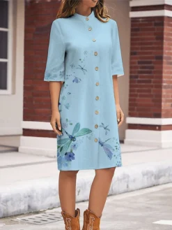 Women's Shirt Dress Casual Dress Cotton Linen Dress Midi Dress Polyester Fashion Casual Daily Outdoor Daily Vacation Shirt Collar Button Print Long Sleeve Spring Fall Winter 2023 Loose Fit White -Party Prom Dresses Sales Store cvjtnx1697189425307