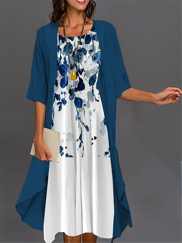 Women's Two Piece Dress Set Casual Dress Print Dress Outdoor Daily Fashion Elegant Print Midi Dress Crew Neck 3/4 Length Sleeve Floral Butterfly Loose Fit Pink Navy Blue Royal Blue Summer Spring S M 2 Women's Two Piece Dress Set Casual Dress Print Dress Outdoor Daily Fashion Elegant Print Midi Dress Crew Neck 3/4 Length Sleeve Floral Butterfly Loose Fit Pink Navy Blue Royal Blue Summer Spring S M - Image 2