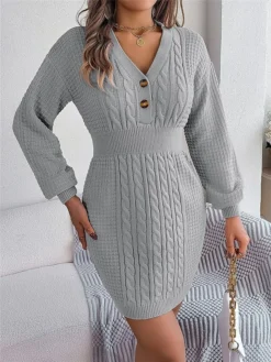 Women's Sweater Dress Winter Dress Jumper Dress Mini Dress Active Pure Color Outdoor Casual Holiday Vacation V Neck Long Sleeve Button 2023 Regular Fit White Pink Green S M L -Party Prom Dresses Sales Store cvsfdi1696926542684