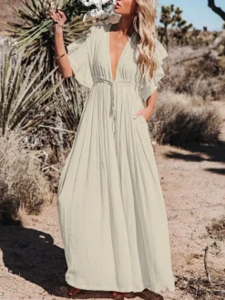 Women's Swing Dress Maxi Long Dress Green Orange Rust Red White Black Backless Short Sleeve Solid Color Summer Spring V Neck Boho Beach Loose 2023 One-Size 18 Women's Swing Dress Maxi Long Dress Green Orange Rust Red White Black Backless Short Sleeve Solid Color Summer Spring V Neck Boho Beach Loose 2023 One-Size -Party Prom Dresses Sales Store cvsmig1697527202044