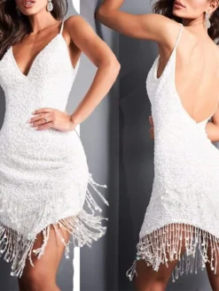 Women's Party Dress Fringe Dress Homecoming Dress Mini Dress White Sleeveless Pure Color Tassel Fringe Spring Fall Winter Spaghetti Strap Fashion Winter Dress Wedding Guest Evening Party Slim 2023 S -Party Prom Dresses Sales Store cvsqgt1692858452826