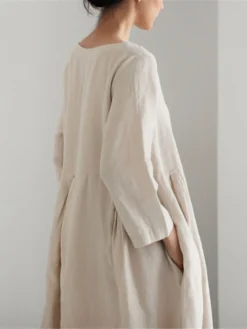 Women's Cotton Linen Dress Casual Dress Swing Dress Maxi Long Dress Cotton Blend Basic Classic Outdoor Daily Crew Neck Pocket Smocked Long Sleeve Summer Spring Fall 2023 Loose Fit Black Yellow Green -Party Prom Dresses Sales Store cwetgo1673850089351