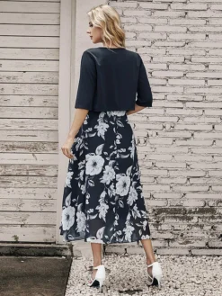 Women's Two Piece Dress Set Casual Dress Chiffon Dress Outdoor Daily Fashion Elegant Print Midi Dress V Neck Half Sleeve Floral Regular Fit Black Pink Gray Summer Spring S M L XL XXL -Party Prom Dresses Sales Store cxcdzo1695873659805