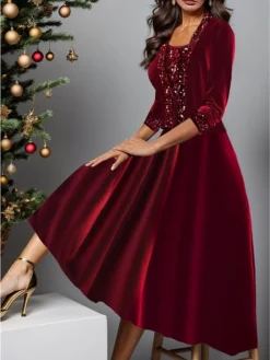 Party Prom Dresses Sales Store 29 Women's Two Piece Dress Set Party Dress Wine Red Velvet Dress Party Sequin Dress Wedding Guest Fashion Modern Patchwork Midi Dress Crew Neck 3/4 Length Sleeve Plain