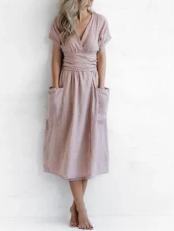 Women's Casual Dress Cotton Linen Dress A Line Dress Midi Dress Polyester Fashion Street Style Outdoor Daily Date V Neck Pocket Strappy Short Sleeve Summer Spring 2023 Regular Fit Pink Wine Brown 16 Women's Casual Dress Cotton Linen Dress A Line Dress Midi Dress Polyester Fashion Street Style Outdoor Daily Date V Neck Pocket Strappy Short Sleeve Summer Spring 2023 Regular Fit Pink Wine Brown -Party Prom Dresses Sales Store cxfttm1687680025467