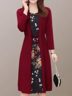 Women's Dress Set Two Piece Dress Knee Length Dress Green Black Red Long Sleeve Floral Print Fall Winter Crew Neck Stylish Casual Modern 2022 M L XL XXL 3XL 4XL 5XL
