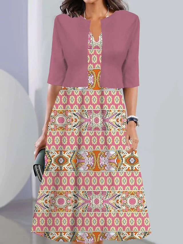 Women's Two Piece Dress Set Casual Dress Tank Dress Outdoor Daily Vintage Casual Pocket Print Midi Dress V Neck 3/4 Length Sleeve Geometric Color Block Regular Fit Black Pink Wine Summer Spring S M L 5 Women's Two Piece Dress Set Casual Dress Tank Dress Outdoor Daily Vintage Casual Pocket Print Midi Dress V Neck 3/4 Length Sleeve Geometric Color Block Regular Fit Black Pink Wine Summer Spring S M L - Image 5