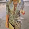 Women's Party Dress Homecoming Dress Wedding Guest Dress Mini Dress Wine Gold Green Half Sleeve Pure Color Ruched Spring Fall Winter V Neck Fashion Winter Dress Wedding Guest Evening Party 2023 S M L