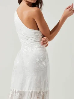 Women's Party Dress Lace Dress Wedding Guest Dress Midi Dress White Short Sleeve Pure Color Lace Spring Fall Winter One Shoulder Fashion Winter Dress Wedding Guest Evening Party 2023 S M L XL -Party Prom Dresses Sales Store cyvfbq1697612527827