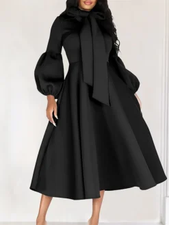 Women's Prom Dress Party Dress Swing Dress Long Dress Maxi Dress Black Yellow Red Long Sleeve Pure Color Lace Up Fall Winter Autumn Crew Neck Fashion Winter Dress Wedding Guest Birthday 2023 S M L XL -Party Prom Dresses Sales Store czdpsi1695203651509
