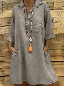 Women's Shirt Dress Cotton Linen Dress Shift Dress Mini Dress Cotton And Linen Daily Vacation Shirt Collar Pocket 3/4 Length Sleeve Summer Spring Fall 2023 Loose Fit Black Pink Green Pure Color S M L