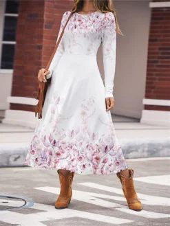 Women's Work Dress Casual Dress Swing Dress Fashion Winter Dress Daily Midi Dress Print Crew Neck Long Sleeve Floral Regular Fit Pink Blue Green Fall Winter S M L XL XXL