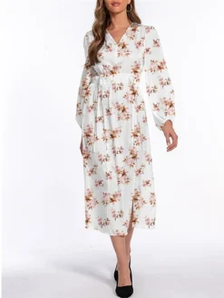 Women's Work Dress White Dress Semi Formal Dress Fashion Midi Dress Split Print V Neck Long Sleeve Floral Loose Fit White Fall Winter S M L XL XXL