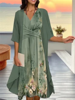 Women's Two Piece Dress Set Casual Dress Chiffon Dress Outdoor Daily Fashion Streetwear Knot Front Print Midi Dress V Neck 3/4 Length Sleeve Floral Regular Fit Pink Blue Purple Fall Winter S M L XL -Party Prom Dresses Sales Store czqitd1693534943897