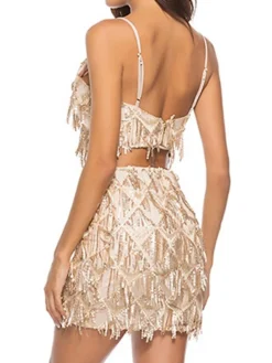 Women's Two Piece Dress Set Party Dress Skirt Set Party Cocktail Party Fashion Party Tassel Fringe Backless Mini Dress Strap Sleeveless Plain Slim Champagne Gold Spring Fall S M L XL -Party Prom Dresses Sales Store daczqc1692935662953
