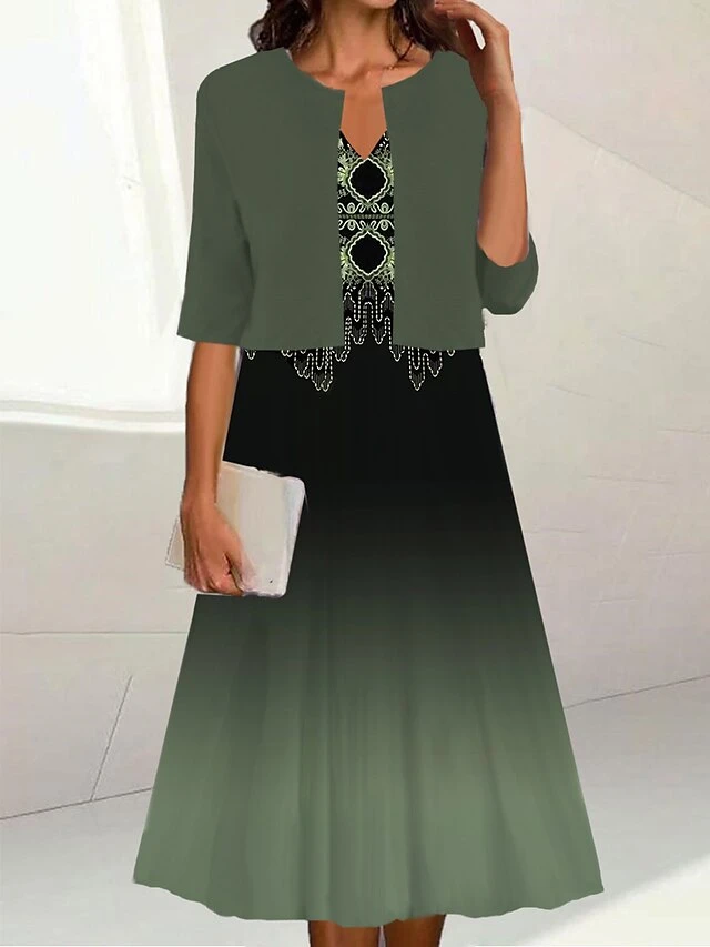 Women's Two Piece Dress Set Casual Dress Print Dress Outdoor Daily Fashion Elegant Print Midi Dress V Neck Half Sleeve Print Ombre Regular Fit Light Green Pink Dark Green Summer Spring S M L XL XXL 4 Women's Two Piece Dress Set Casual Dress Print Dress Outdoor Daily Fashion Elegant Print Midi Dress V Neck Half Sleeve Print Ombre Regular Fit Light Green Pink Dark Green Summer Spring S M L XL XXL - Image 4