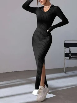 Women's Sweater Dress Winter Dress Jumper Dress Long Dress Maxi Dress Split Daily Date Going Out Active Fashion V Neck Long Sleeve 2023 Slim Black Brown Color S M L Size