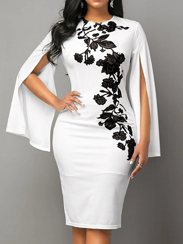 Women's Bodycon Sheath Dress Church Dress Midi Dress Black White Long Sleeve Floral Split Summer Spring Crew Neck Stylish Winter Dress Fall Dress 2023 S M L XL XXL 4 Women's Bodycon Sheath Dress Church Dress Midi Dress Black White Long Sleeve Floral Split Summer Spring Crew Neck Stylish Winter Dress Fall Dress 2023 S M L XL XXL - Image 4