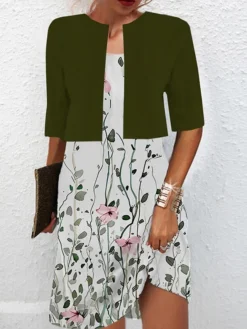 Women's Two Piece Dress Set Casual Dress Print Dress Outdoor Daily Fashion Streetwear Print Mini Dress Crew Neck Half Sleeve Floral Regular Fit Green Summer Spring S M L XL XXL