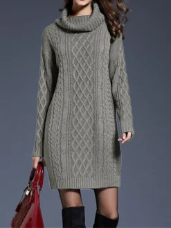 Women's Sweater Dress Jumper Dress Winter Dress Mini Dress Warm Plain Outdoor Daily Holiday Vacation Turtleneck Long Sleeve 2023 Loose Fit White Wine Blue M L XL XXL 3XL