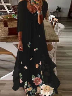 Women's Casual Dress Dress Set Two Piece Dress Midi Dress Black Long Sleeve Floral Print Fall Winter Autumn V Neck Casual Winter Dress Fall Dress Loose Fit 2023 S M L XL XXL 3XL 4XL 5XL