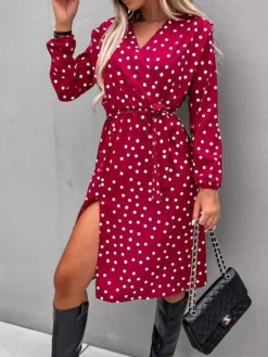 Women's Work Dress Sheath Dress Semi Formal Dress Fashion Midi Dress Lace Up Split V Neck Long Sleeve Polka Dot Loose Fit Black White Red Fall Winter S M L XL XXL -Party Prom Dresses Sales Store ddtnfj1692080009395