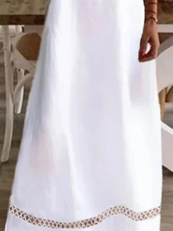 Women's Cotton Linen Dress Casual Dress Maxi Long Dress Cotton And Linen Modern Casual Outdoor Vacation V Neck Patchwork Short Sleeve Summer Spring 2023 Regular Fit White Pure Color S M L XL 2XL -Party Prom Dresses Sales Store dekoas1680774335935
