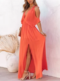 Women's Long Dress Maxi Dress Party Dress Swing Dress A Line Dress Pure Color Basic Casual Holiday Date Beach Backless Split Half Sleeve V Neck Dress Loose Fit White Yellow Orange Spring Summer S M L -Party Prom Dresses Sales Store dezkkf1673321890799