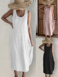 Women's Casual Dress Cotton Linen Dress Shift Dress Midi Dress Bamboo Modern Casual Daily U Neck Ruched Sleeveless Summer Spring 2023 Regular Fit Black White Pink Pure Color S M L XL 2XL