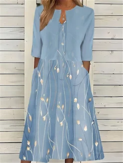 Women's Two Piece Dress Set Casual Dress Print Dress Outdoor Daily Fashion Elegant Pocket Print Midi Dress Crew Neck Half Sleeve Floral Regular Fit Pink Blue Sky Blue Summer Spring S M L XL XXL