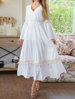Women's Party Dress Cocktail Dress Wedding Guest Dress Midi Dress White Long Sleeve Pure Color Tassel Fringe Fall Winter Autumn V Neck Fashion Birthday Wedding Guest Vacation 2023 S M L XL -Party Prom Dresses Sales Store dgldvd1693983145320