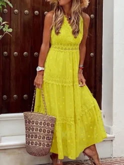Women's Party Dress Lace Dress Swing Dress Long Dress Maxi Dress White Yellow Pink Sleeveless Polka Dot Lace Summer Spring V Neck Vacation Regular Fit 2023 S M L XL XXL -Party Prom Dresses Sales Store dgqngm1658213910335