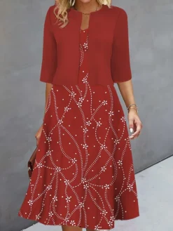 Women's Two Piece Dress Set Casual Dress Print Dress Outdoor Daily Fashion Elegant Print Midi Dress V Neck Half Sleeve Floral Geometric Regular Fit Silver Wine Navy Blue Fall Winter S M L XL XXL -Party Prom Dresses Sales Store dhhkfo1693278304359