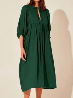 Women's Casual Dress Cotton Linen Dress Shift Dress Midi Dress Cotton Fashion Traditional / Vintage Outdoor Daily Vacation Crew Neck Ruched 3/4 Length Sleeve Fall Winter Autumn 2023 Loose Fit Black -Party Prom Dresses Sales Store diacub1694573536648