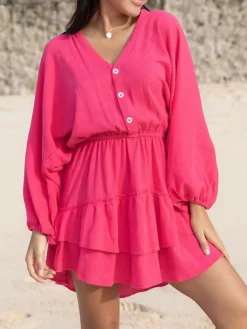 Women's Cotton Linen Dress A Line Dress Loose Dress Mini Dress Linen Cotton Blend Daily Modern Style Daily Holiday Date V Neck Ruffle Button Long Sleeve Spring Fall Autumn 2023 Loose Fit Orange Rose