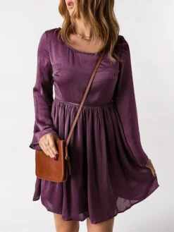 Women's Work Dress Casual Dress Sheath Dress Fashion Winter Dress Daily Mini Dress Lace Ruched Crew Neck Long Sleeve Plain Regular Fit Purple Fall Winter S M L XL -Party Prom Dresses Sales Store disebu1695636091685