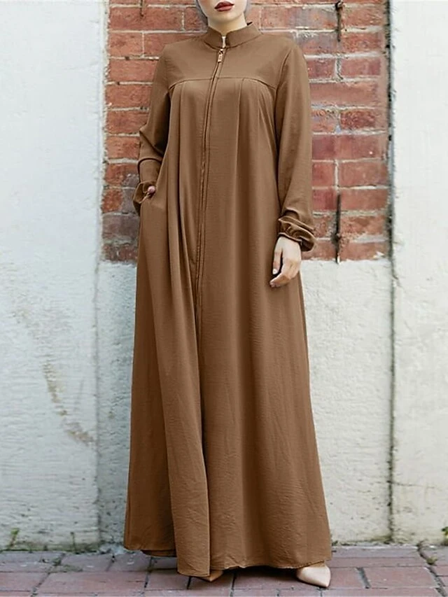 Women's Work Dress Swing Dress Black Dress Classic Long Dress Maxi Dress Zipper Pocket Stand Collar Long Sleeve Plain Loose Fit Black Brown Green Fall Winter S M L XL XXL 14 Women's Work Dress Swing Dress Black Dress Classic Long Dress Maxi Dress Zipper Pocket Stand Collar Long Sleeve Plain Loose Fit Black Brown Green Fall Winter S M L XL XXL - Image 14