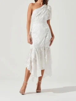 Women's Party Dress Lace Dress Wedding Guest Dress Midi Dress White Short Sleeve Pure Color Lace Spring Fall Winter One Shoulder Fashion Winter Dress Wedding Guest Evening Party 2023 S M L XL -Party Prom Dresses Sales Store djkyxq1697612530208